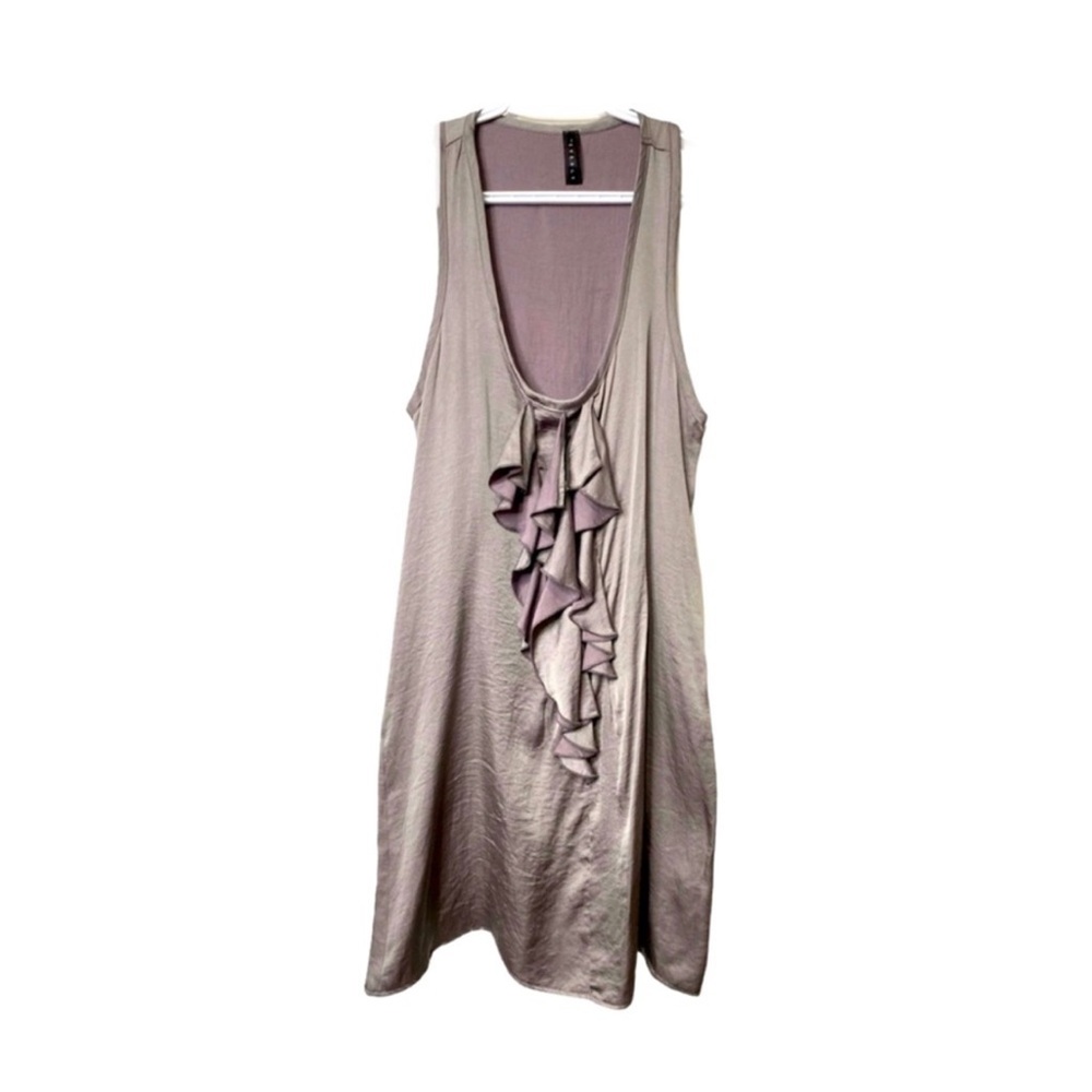 EVERLY Satin Ruffle Tunic Tank Mini Dress Sleeveless Slate Grey Metallic Silver